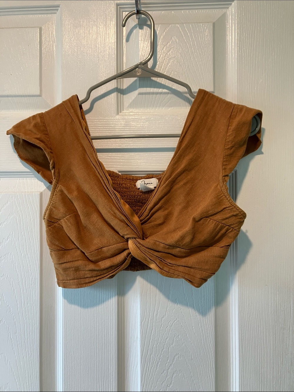 Japna Rust-Toned Knot-Front Crop Top large cap sleeve smocked linen rayon